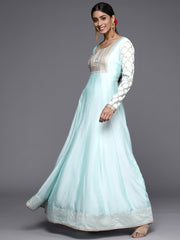 Women Turquoise Blue & Gold-Toned Embroidered Georgette Anarkali Kurta