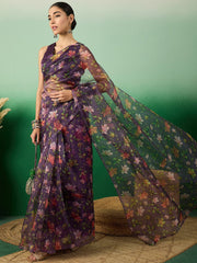 Purple Floral Digital Printed Organza Saree