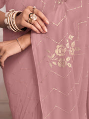 Pink And Gold-Toned Floral Embellished Sequinned Heavy Work Saree