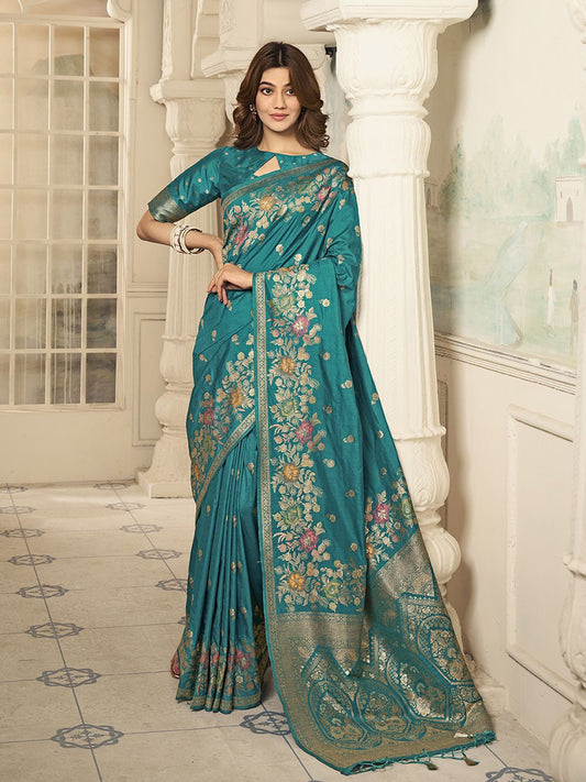 Turquoise Woven Design Zari Saree