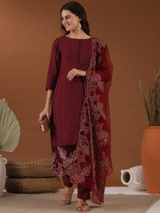 Maroon Floral Zari Embroidered Kurta With Trouser & Dupatta