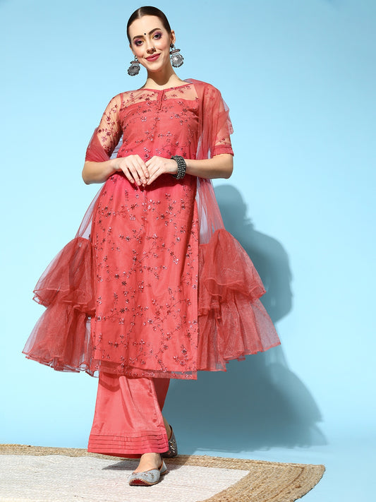 Women Pink Floral Net Ethereal Embroidery Kurta Set