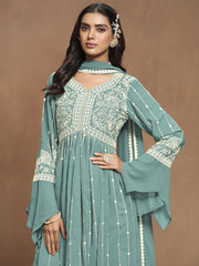 Turquoise White Embroidery Pleated Kurti Palazzo Suit