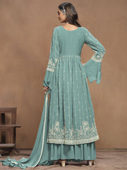 Turquoise White Embroidery Pleated Kurti Palazzo Suit