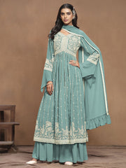 Turquoise White Embroidery Pleated Kurti Palazzo Suit