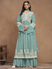 Turquoise White Embroidery Pleated Kurti Palazzo Suit