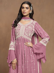 Pink White Embroidery Pleated Kurti Palazzo Suit