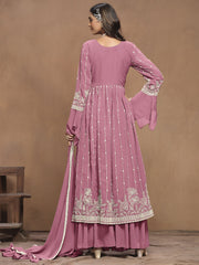 Pink White Embroidery Pleated Kurti Palazzo Suit