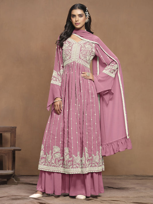 Pink White Embroidery Pleated Kurti Palazzo Suit