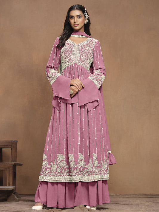 Pink White Embroidery Pleated Kurti Palazzo Suit