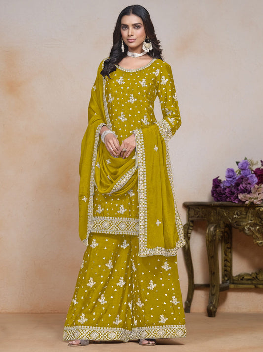 Classic Mustard Color Festive Look Palazzo Suit In Chinon