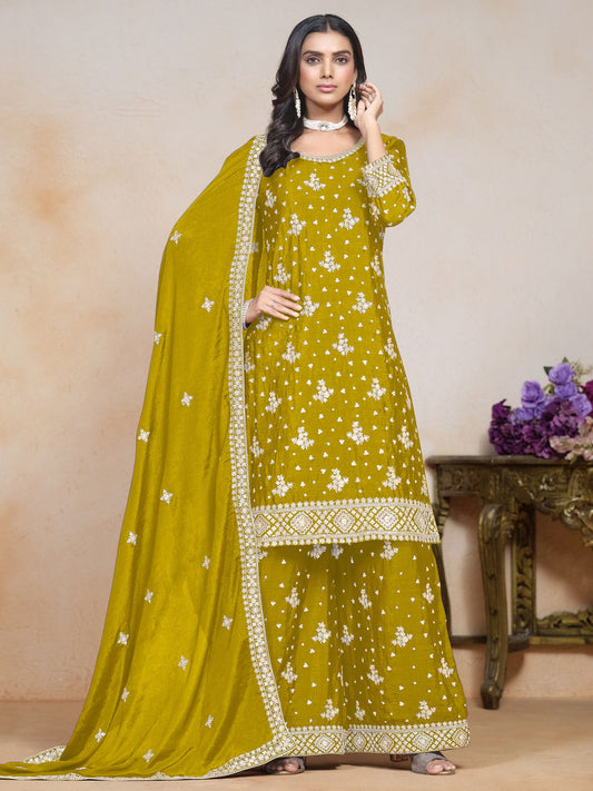 Classic Mustard Color Festive Look Palazzo Suit In Chinon