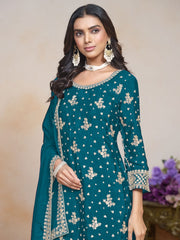 Creative Festive Look Chinon Palazzo Suit In Teal Color