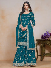 Creative Festive Look Chinon Palazzo Suit In Teal Color