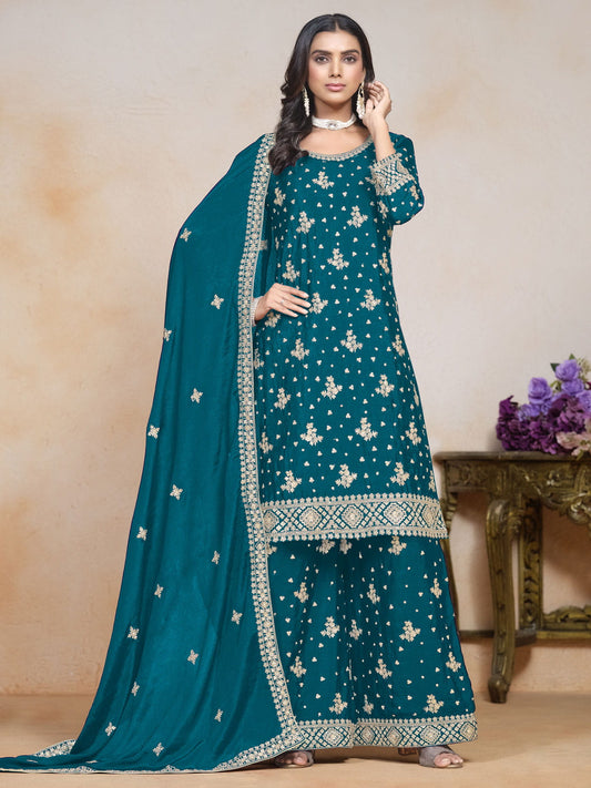 Creative Festive Look Chinon Palazzo Suit In Teal Color