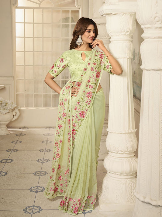 Green And Pink Floral Printed Sequinned Heavy Work Organza Saree