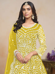 Embroidered Net Abaya Style Suit in Mustard