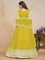 Embroidered Net Abaya Style Suit in Mustard