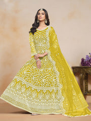 Embroidered Net Abaya Style Suit in Mustard