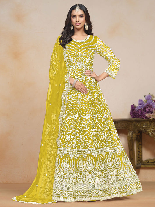 Embroidered Net Abaya Style Suit in Mustard