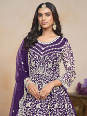 Embroidered Net Abaya Style Suit in Purple