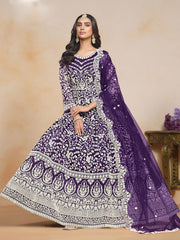 Embroidered Net Abaya Style Suit in Purple