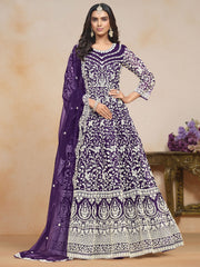 Embroidered Net Abaya Style Suit in Purple