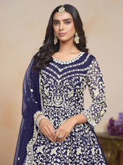 Embroidered Net Abaya Style Suit in Navy Blue