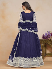 Embroidered Net Abaya Style Suit in Navy Blue