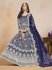 Embroidered Net Abaya Style Suit in Navy Blue