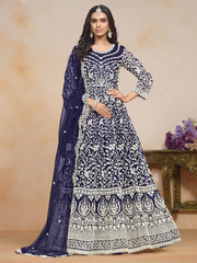 Embroidered Net Abaya Style Suit in Navy Blue