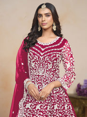 Embroidered Net Abaya Style Suit in Fuchsia