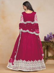 Embroidered Net Abaya Style Suit in Fuchsia