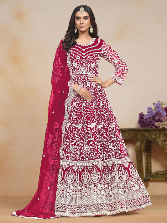 Embroidered Net Abaya Style Suit in Fuchsia