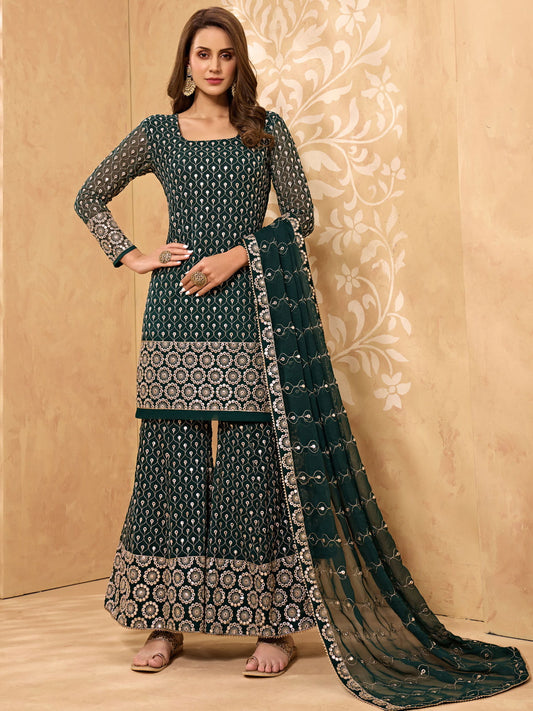 Majestic Green Mirror Embroidered Georgette Sharara Suit