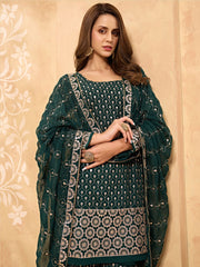 Majestic Green Mirror Embroidered Georgette Sharara Suit