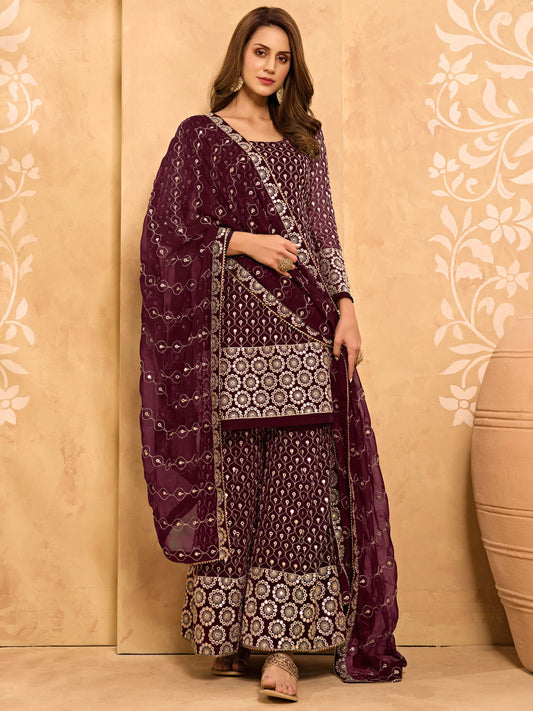 Maroon Mirror Embroidered Georgette Sharara Suit