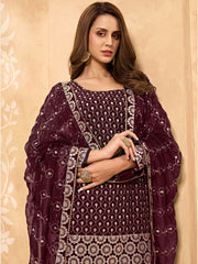 Maroon Mirror Embroidered Georgette Sharara Suit