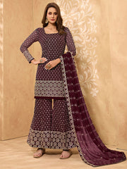 Maroon Mirror Embroidered Georgette Sharara Suit