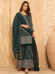 Majestic Green Mirror Embroidered Georgette Sharara Suit