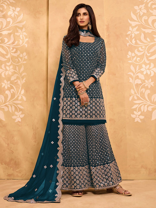 Turquoise Embroidered Georgette Sharara Suit