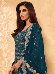 Turquoise Embroidered Georgette Sharara Suit