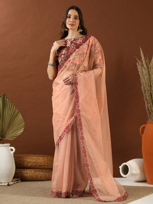 Peach Embroidered Organza Saree