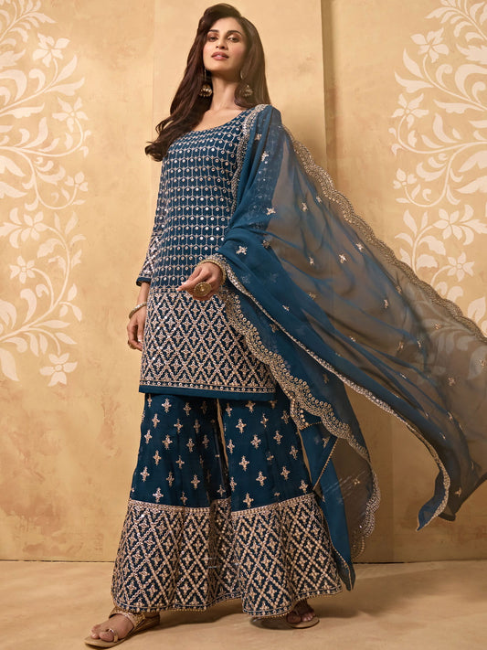 Royal Blue Embroidered Georgette Sharara Suit