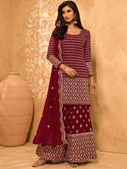 Bridal Red Mirror Embroidered Georgette Sharara Suit