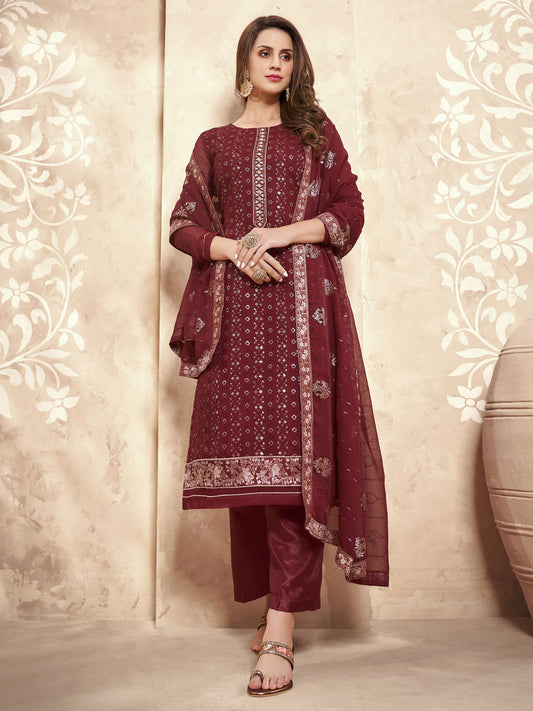 Maroon Heavy Embroidered Designer Straight Pant Style Georgette Suit