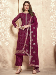 Magenta Heavy Embroidered Designer Straight Pant Style Georgette Suit