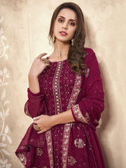 Magenta Heavy Embroidered Designer Straight Pant Style Georgette Suit