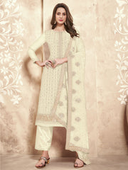 Off White Heavy Embroidered Designer Straight Pant Style Georgette Suit