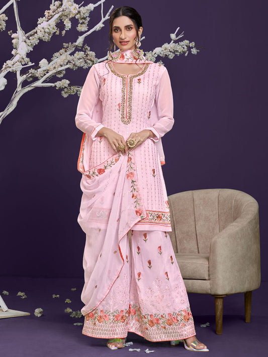 Pink Multi Embroidered Designer Palazzo Suit